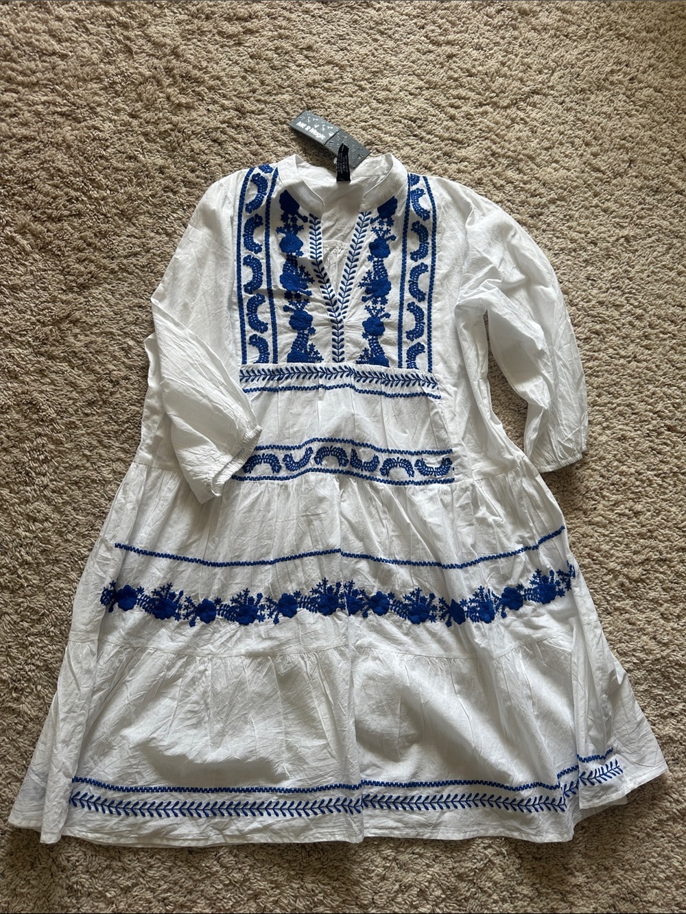 White & Blue Embroidered Wowens Dress Swim Cover Sz L NWT
